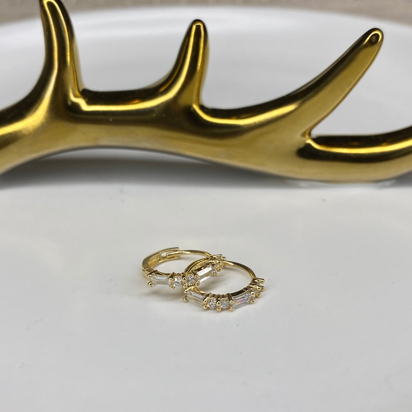 14K Gold Round & Baguette CZ Hoop Earrings | Pair